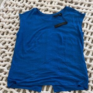 Tahari Linen Blue Short Sleeve Top with button down detail on back of shirt - L